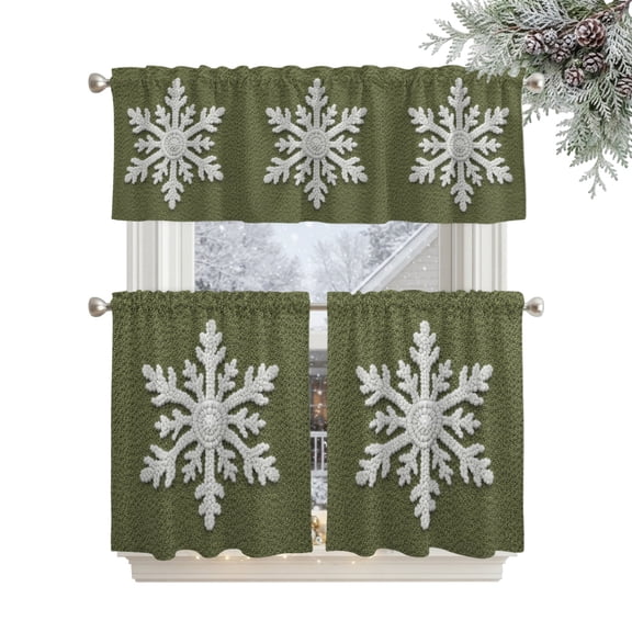 Christmas Winter Kitchen Curtains Set for Windows, Green Crochet Snowflake Knitted Wool Texture Curtains Valance and Tier 3 Piece Set Small Drapes 36 Inch Length for Kitchen Bedroom Decor
