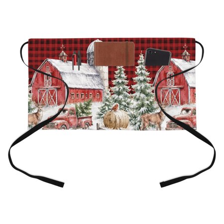 Christmas Winter Kitchen Restaurant Half Waist Apron, Rustic Farmhouse Barn Truck Pine Tree Red Gingham Server Short Apron with 3 Pockets Waterproof Oil Waist Aprons for Women Waitress Waiter