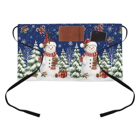 Christmas Winter Kitchen Restaurant Half Waist Apron, Rustic Snowman Pine Tree Gift Box Navy Blue Server Short Apron with 3 Pockets Waterproof Oil Waist Aprons for Women Waitress Waiter