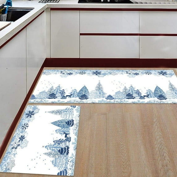 Christmas Winter Kitchen Rugs and Mats Set of 2 New Year Abstract Snowflake Elk Blue Xmas Kitchen Mat,Non-Slip Area Runner Rug,Washable Floor Mat for Home Dining Room Office 17x30in+17x47in