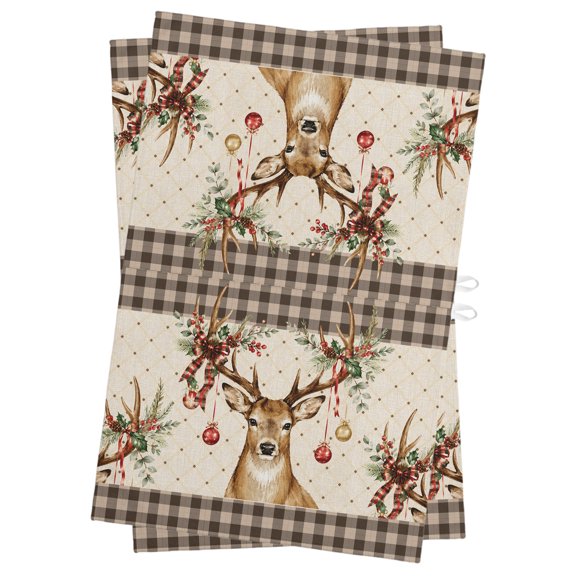 Christmas Winter Kitchen Towels Dish Towel Pack of 2 Rustic Brown Deer Wildlife Baubles Linen Gingham Soft Dish Cloth Set Absorbent Dishcloth for Drying Dishes, Hand Towels 18 x 28 Inches