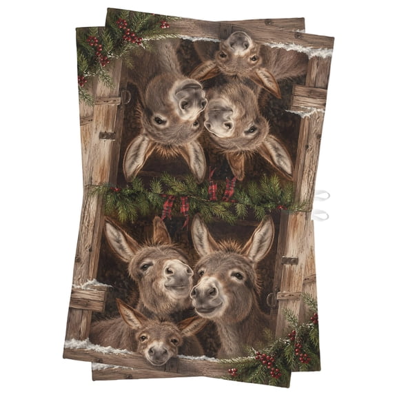 Christmas Winter Kitchen Towels Dish Towel Pack of 2 Rustic Farmhouse Country Donkeys Holly Berry Soft Dish Cloth Set Absorbent Dishcloth for Drying Dishes, Hand Towels 18 x 28 Inches