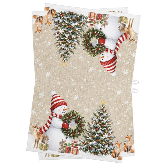 Christmas Winter Kitchen Towels Dish Towel Pack of 2 Snowman Holly Wreath Pine Tree Linen Texture Soft Dish Cloth Set Absorbent Dishcloth for Drying Dishes, Hand Towels 18 x 28 Inches