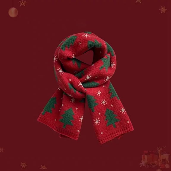 Christmas Winter Knitted Scarf For Women Warm Scarf Xmas Tree Scarves (Red One Size)