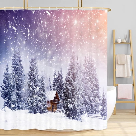 Christmas Winter Landscape Shower Curtain, Winter Scenery Frosty Trees and Snowstorm with Farmhouse Wooden Bath Curtain, Fabric Xmas Curtain Bathroom Accessories 12Pcs Shower Hooks, 72X72in