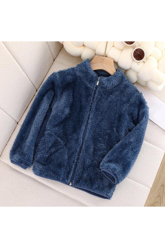 Christmas Winter Long Sleeve Thermal Jackets for Unisex Blue Little/Big Kids Boys And Girls Fall Sleeved Solid Color Short Pile Coral Fleece Jacket Daily Wear School