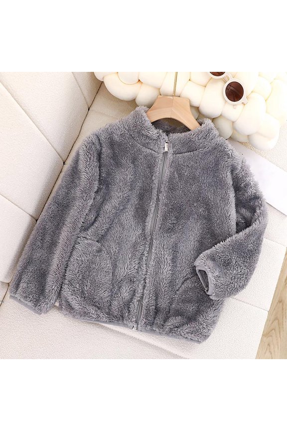 Christmas Winter Long Sleeve Thermal Jackets for Unisex Gray Little/Big Kids Boys And Girls Fall Sleeved Solid Color Short Pile Coral Fleece Jacket Daily Wear School