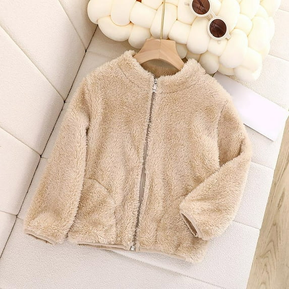 Christmas Winter Long Sleeve Thermal Jackets for Unisex White Little/Big Kids Boys And Girls Fall Sleeved Solid Color Short Pile Coral Fleece Jacket Daily Wear School