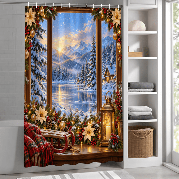 Christmas Winter Mountain Sunset Scene Shower Curtain 72 X 72 Inch