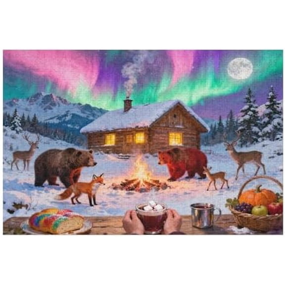 Christmas Winter Night Bonfire 1000 Piece Jigsaw Puzzle for Adults, Snowy Scene with Aurora, Fox, Deer, Tree, Holiday Puzzle, Challenging DIY Puzzle, Interactive Family Game