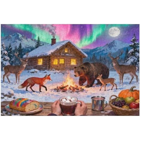 Christmas Winter Night Bonfire Jigsaw Puzzle for Adults 500 Pieces, Aurora and Forest Animal Scene, Fun Holiday Puzzle for Family Game Night