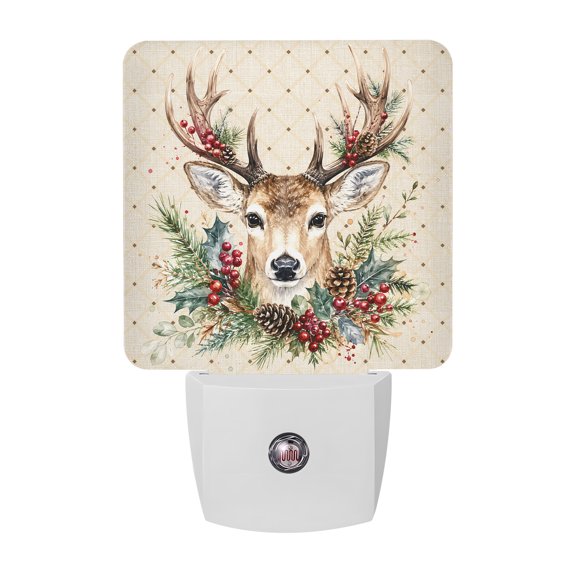 Christmas Winter Night Lights, Rustic Stag Buck Head Pine Tree Holly Berry Beige Smart Auto Dusk to Dawn Sensor Nightlights Plug-in Nightlight for Bedroom Bathroom Living Room Kitchen Hallway