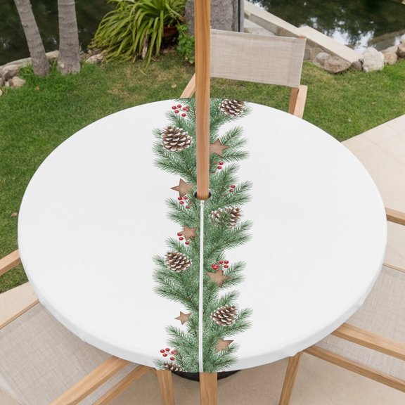 Christmas Winter Outdoor Tablecloth with Umbrella Hole, Rustic Minimalist Green Pine Tree Branch Pinecone Round Fitted Tablecloth Waterproof Table Cover with Zipper for Patio Fits 31"-35" Table
