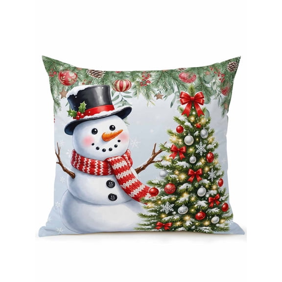 Christmas Winter Outdoor Throw Pillow with Insert, 16"x16" Rustic Snowman Pine Tree Red Bow Pinecones Waterproof Decorative Square Patio Pillows for Outside Furniture, Sofa, Porch, Garden