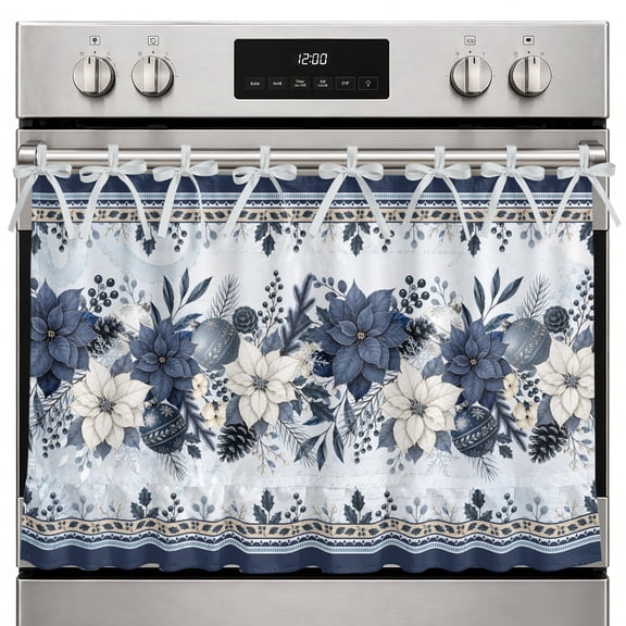 Christmas Winter Oven Curtain with Tie Top, Rustic Navy Cream Poinsettia Holly Leaf Berry Oven Skirt Curtains with Tie Top Cabinet Cover Curtain for Small Kitchen Apartment Decor 32 x 24 Inches