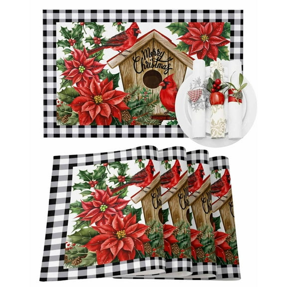 Christmas Winter Placemats Set of 1 Cardinal Flowers Bird Poinsettia Log Cabin Heat Insulation Washable Place Mats, Rustic Non-Slip Table Mats for Dining Table Party Kitchen Decor,13x19 Inch