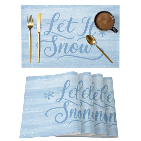 Christmas Winter Placemats Set of 2 Modern Blue Cursive Script Snowflake Ice Crystals Place Mats Washable Table Mats for Winter Holiday Party Kitchen Dining Decoration, 13 X 19 Inch