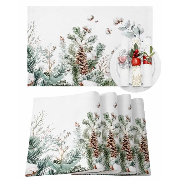 Christmas Winter Placemats Set of 8 Eucalyptus Leaf Cedar Fruit Plants Heat Insulation Washable Place Mats, Rustic Non-Slip Table Mats for Dining Table Party Kitchen Decor,13x19 Inch