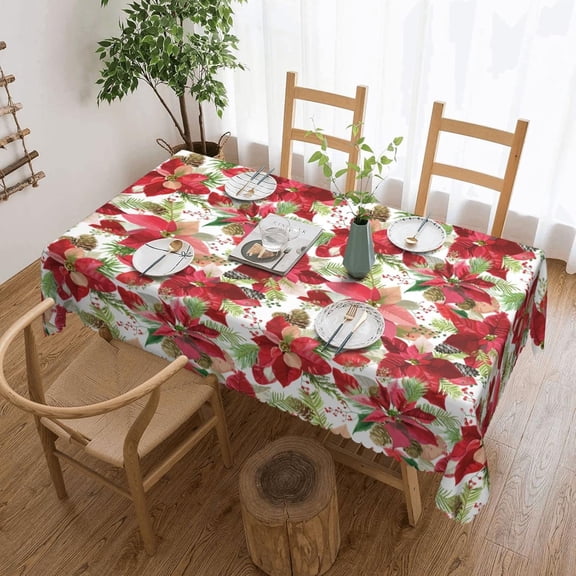 Christmas Winter Poinsettia Tablecloth Xmas Tablecloths for Rectangle Tables, Wipeable Christmas Flower Pattern Table Cloth Dinner Decor Table Cover for Indoor Outdoor Party, 60" X 84"