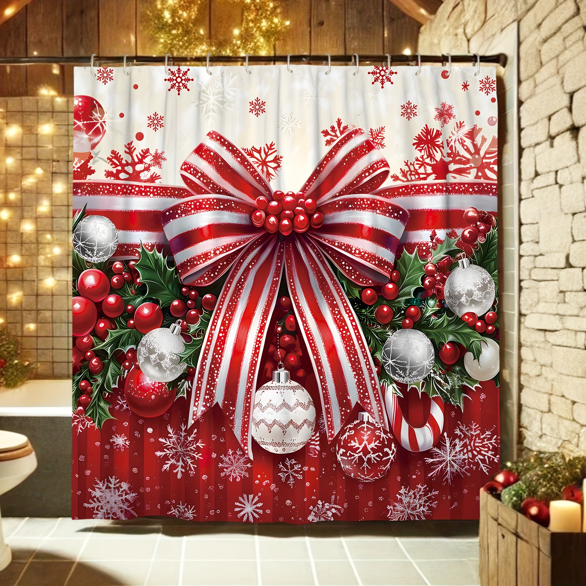 Christmas Winter Polyester Shower Curtain Decorations, Holly Bow Snowflake Festive Red Green Polyester Shower Curtain washable for Xmas Holiday Bathroom Decor 72x72 inch