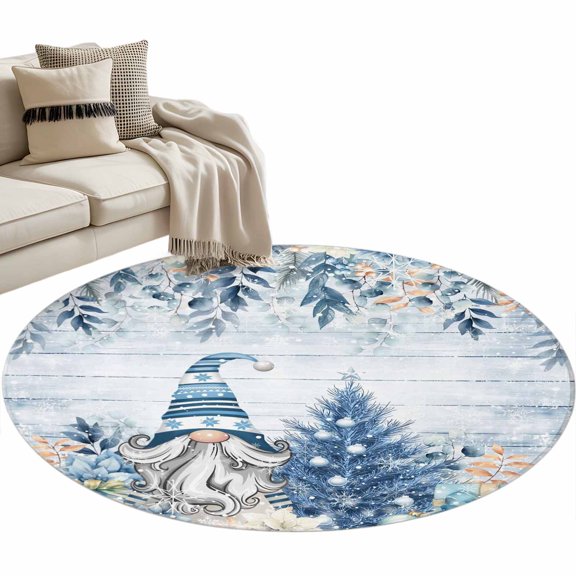Christmas Winter Round Area&nbsp;Rug 3.3ft Eucalyptus Leaves Gnome Blue Wood Grain Non-Slip&nbsp;Washable Circle Rugs Soft Felt Indoor Floor Mat for Bedroom Kitchen Living Room Bathroom