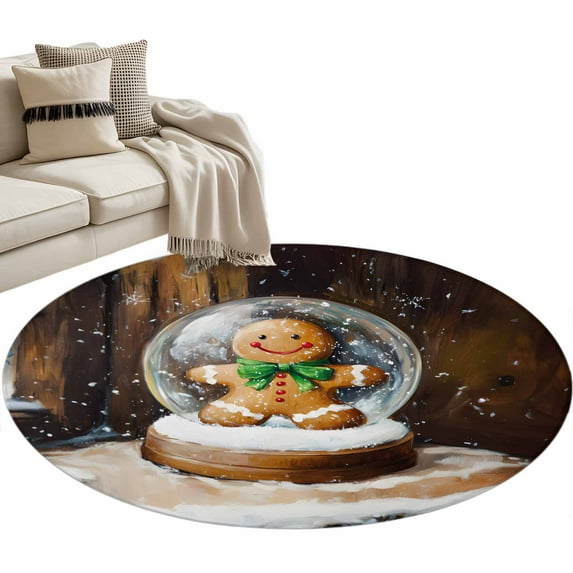 Christmas Winter Round Area Rug 4ft Snowflake Gingerbread Man Green Bow ...