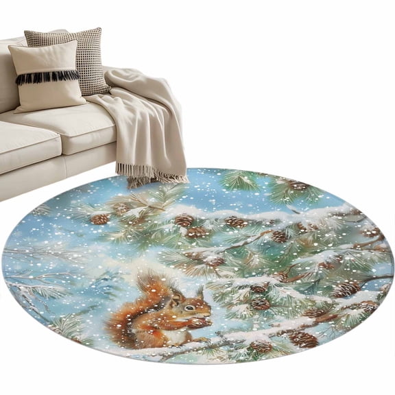 Christmas Winter Round Area Rug 4ft Squirrel Pine Tree Pine Cone Snowscape Non-Slip Washable Circle Rugs Soft Felt Indoor Floor Mat for Bedroom Kitchen Living Room Bathroom