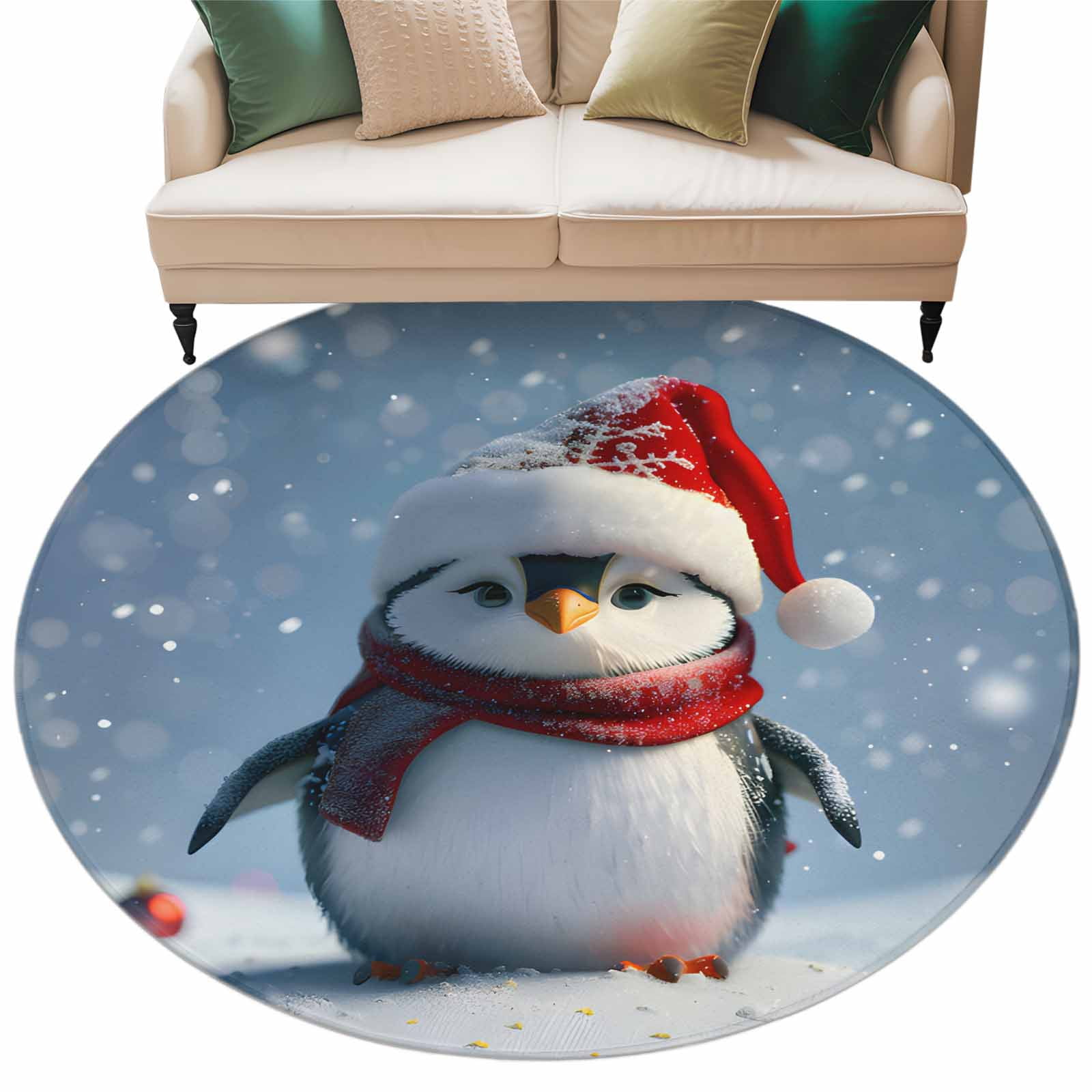 Christmas Winter Round Area Rug 5ft Snowflake Red Ball Funny Penguin ...