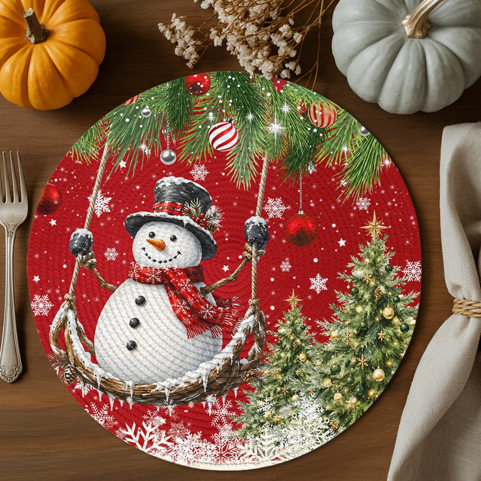 Red 4574 Christmas Winter Round Braided Placemats 13