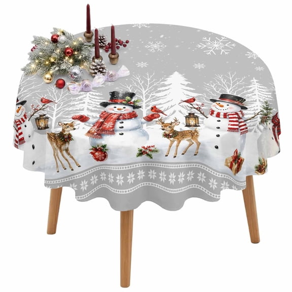 Christmas Winter Round Tablecloth 54 inches Rustic Snowman Reindeer Snowflake Gray Waterproof Oil-Proof Table Cloth Round Table Cover for Holiday Party Picnic Dinner Decor Indoor and Outdoor Use