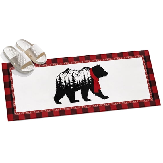 Red Rustic Long Rug Christmas Winter Runner Rug 2.6'x12', Rustic Bear Silhouette Pine ...