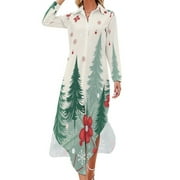 YHX66 Christmas Winter Scene Casual Dress Dresses V Neck Chiffon Dress Long Sleeve Clothes