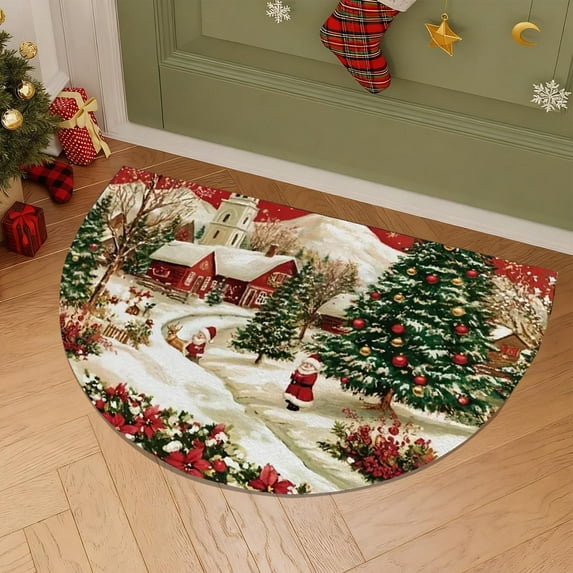 Christmas Winter Scene Reindeer Half Round Door Mat Indoor Entrance Half Circle Area Rug Semi Circular Door Mat Half Moon Rug for Floor Bathroom Living Room Bedroom Kitchen Fireplace