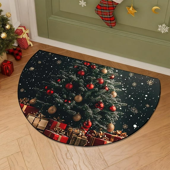 Christmas Winter Scene Reindeer Half Round Door Mat Indoor Entrance Half Circle Area Rug Semi Circular Door Mat Half Moon Rug for Floor Bathroom Living Room Bedroom Kitchen Fireplace
