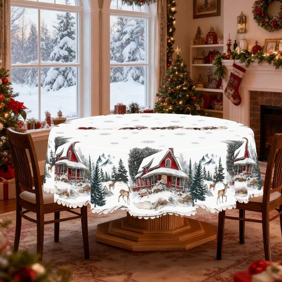 Christmas Winter Scene Round Tablecloth 70 Inch White Multicolor Rustic Lodge Style