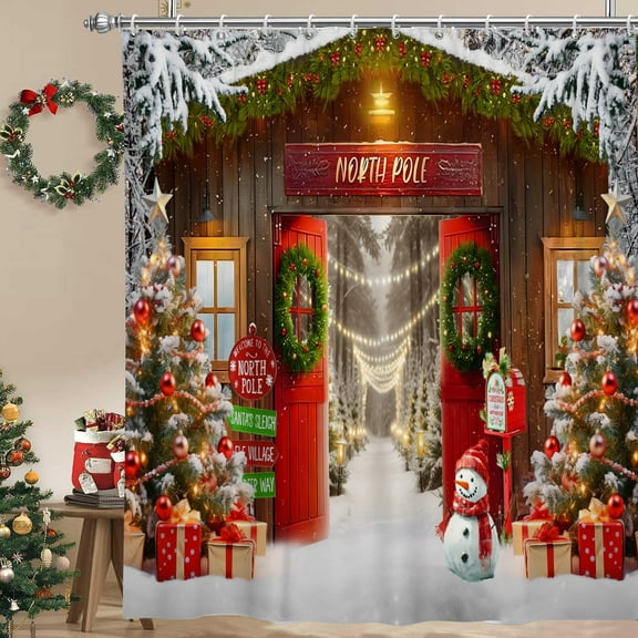 Christmas Winter Scene Shower Curtain Xmas Gifts Bathroom Shower Curtain Snow Waterproof Fabric Bath Decor with Hooks 72"x72"