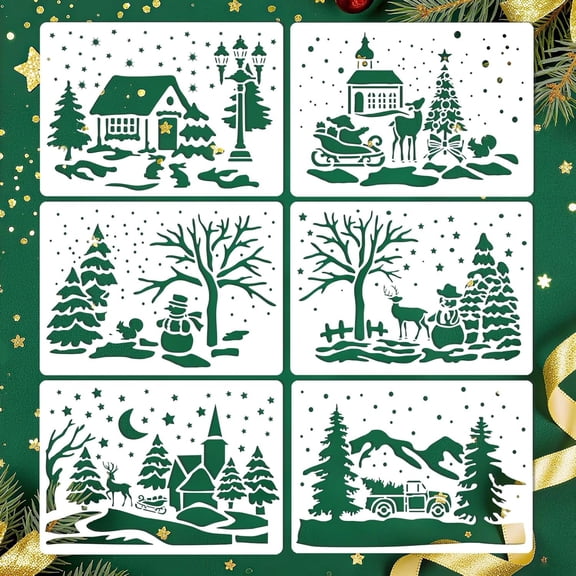 Christmas Winter Scene Stencils for Painting Cards & Crafts, 6 count 7x5 Inch