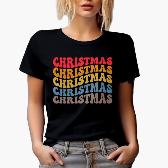 Christmas, Winter Season, Celebration or Party Themed, Groovy Retro Wavy Text Merch Gift, Black T-Shirt, Small