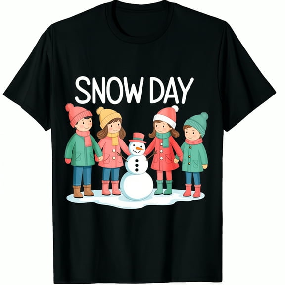 Christmas Winter Set Snowman Print Snow Day Texture Black Graphic T-Shirt for Men and Women