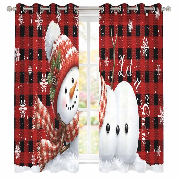 Christmas Winter Sheer Curtains 39 Inch Long 2 Panels, Rustic Red Knit Scarf Snowman Snowflake Gingham Light Filtering Semi Sheer Drapes Grommet Voile Window Curtain for Living Bedroom W27.9 x L39