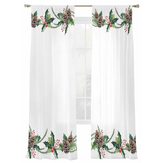 Christmas Winter Sheer Curtains 84 inches Long, Pine Cone Berry Plant Pastoral Light Filtering Sheer Window Curtains Rod Pocket Voile Drapes for Bedroom Living Room, 2 Panels 52"W x 84"L