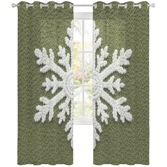 Christmas Winter Sheer Curtains 96 Inch Long 2 Panels, Green Crochet Snowflake Knitted Wool Texture Light Filtering Semi Sheer Drapes Grommet Voile Window Curtain for Living Bedroom W52 x L96
