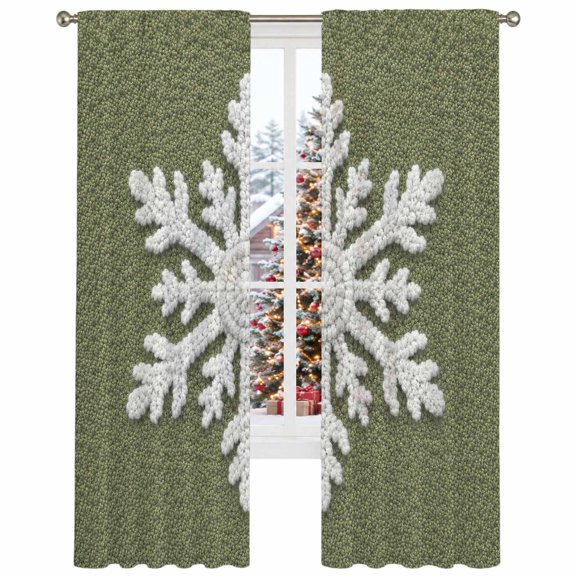 Christmas Winter Sheer Curtains 96 inches Long 2 Panels Set Green Crochet Snowflake Knitted Wool Texture Sheer Window Curtain Rod Pocket Voile Drapes for Living Room/Bedroom,, Each 52" W x 96" L