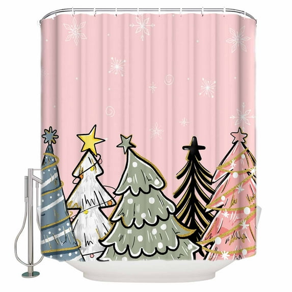 Christmas Winter Shower Curtain, 60" x 72", Snowflakes Pine Tree Simple Pink Waterproof Bathroom Curtain Washable Shower Curtain Set with 12 Hooks