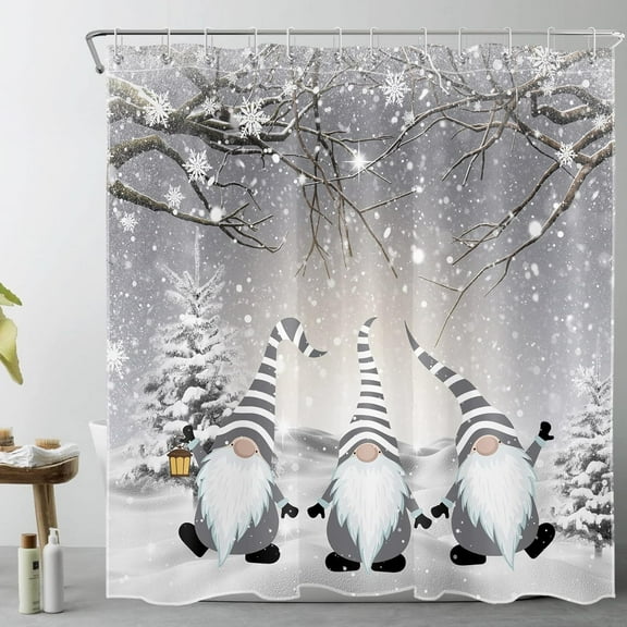 Christmas Winter Shower Curtain for Bathroom, Funny Grey Gnome on White Snowfield Snowflake Fabric Shower Curtain with Hooks, Pine Tree Covered with Snow Bathroom Curtains Shower Set, 72x72 inches