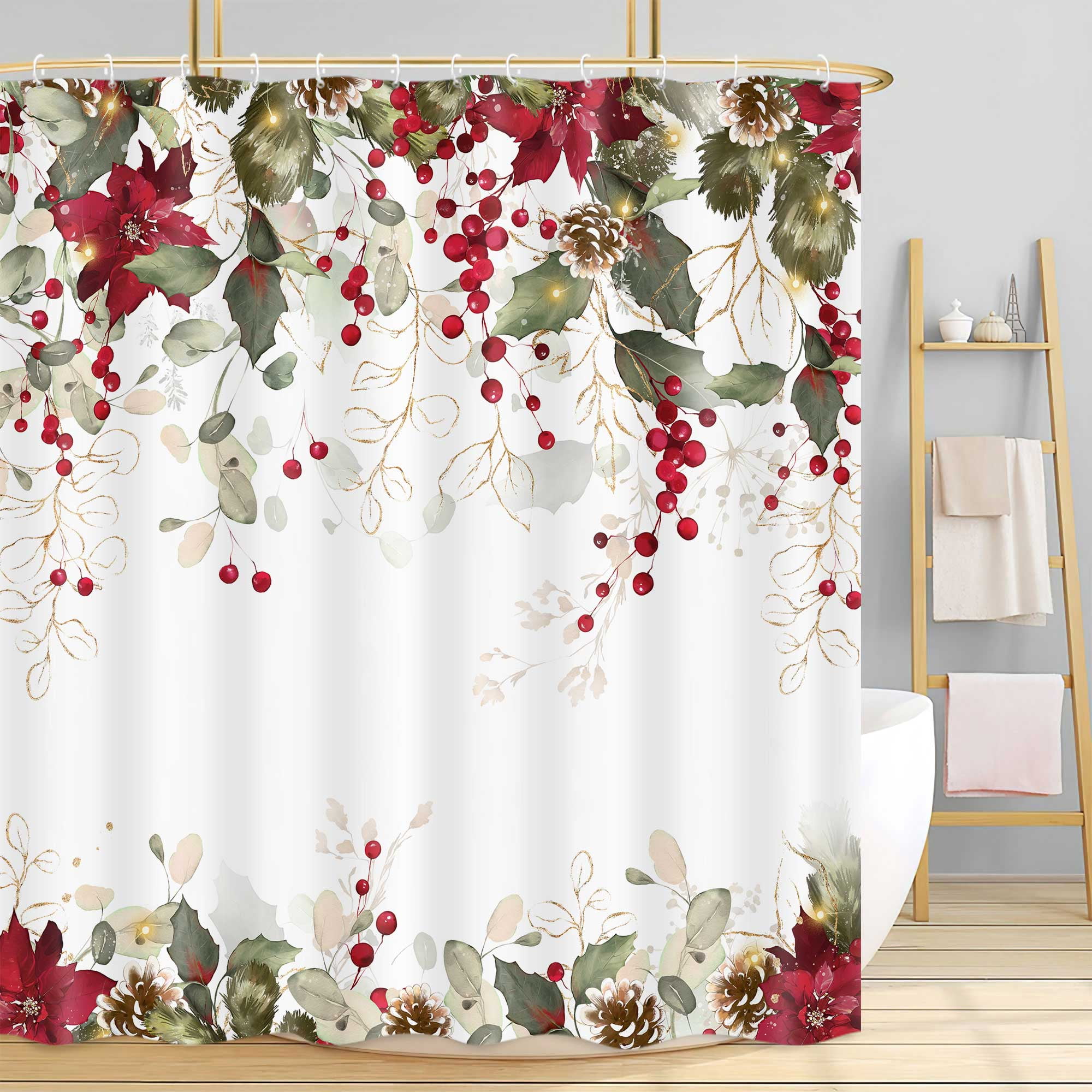 Christmas Winter Shower Curtain, Boho Eucalyptus Flower Leaves