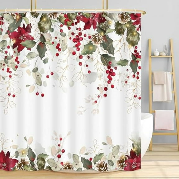 Christmas Winter Shower Curtain, Boho Eucalyptus Flower Leaves Farmhouse Bath Curtain, Merry Christmas Bathroom Accessories Botanical for Bathroom Curtain Liner Set with Hooks, 72X72in