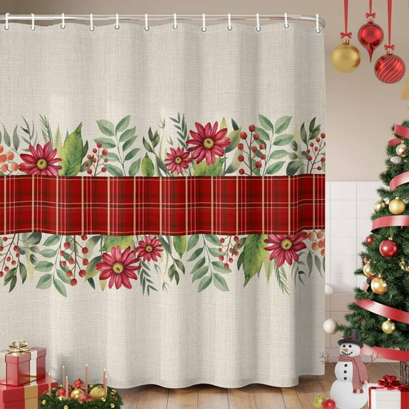 Christmas Winter Shower Curtain, Green Leaves Red Vintage Buffalo Plaid Waterproof Fabric Shower Curtains with 12 Hooks, Bathroom Curtain Set for Bathroom Accessories Decor, 36 x 72 Inches