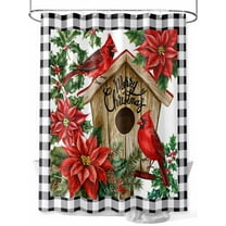 Christmas Winter Shower Curtain Set ，Waterproof Fabric Shower Curtains Cardinal Flowers Bird Poinsettia Log Cabin Shower Curtains for Bathroom,Bathroom Decor 36"x78"