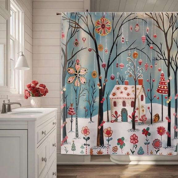 Christmas Winter Shower Curtain, Whimsical Winter Candy Forest House, Holiday Bathroom, Pastel Holiday, Christmas Bathroom Decor